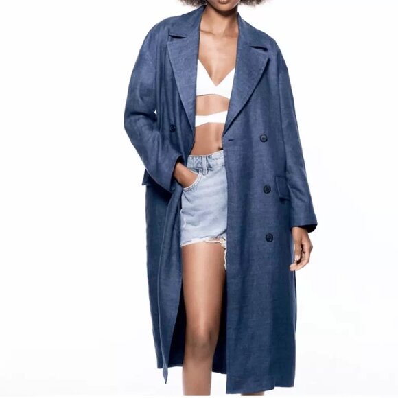 Zara Indigo Linen Trench Coat Duster size Small - Picture 10 of 10